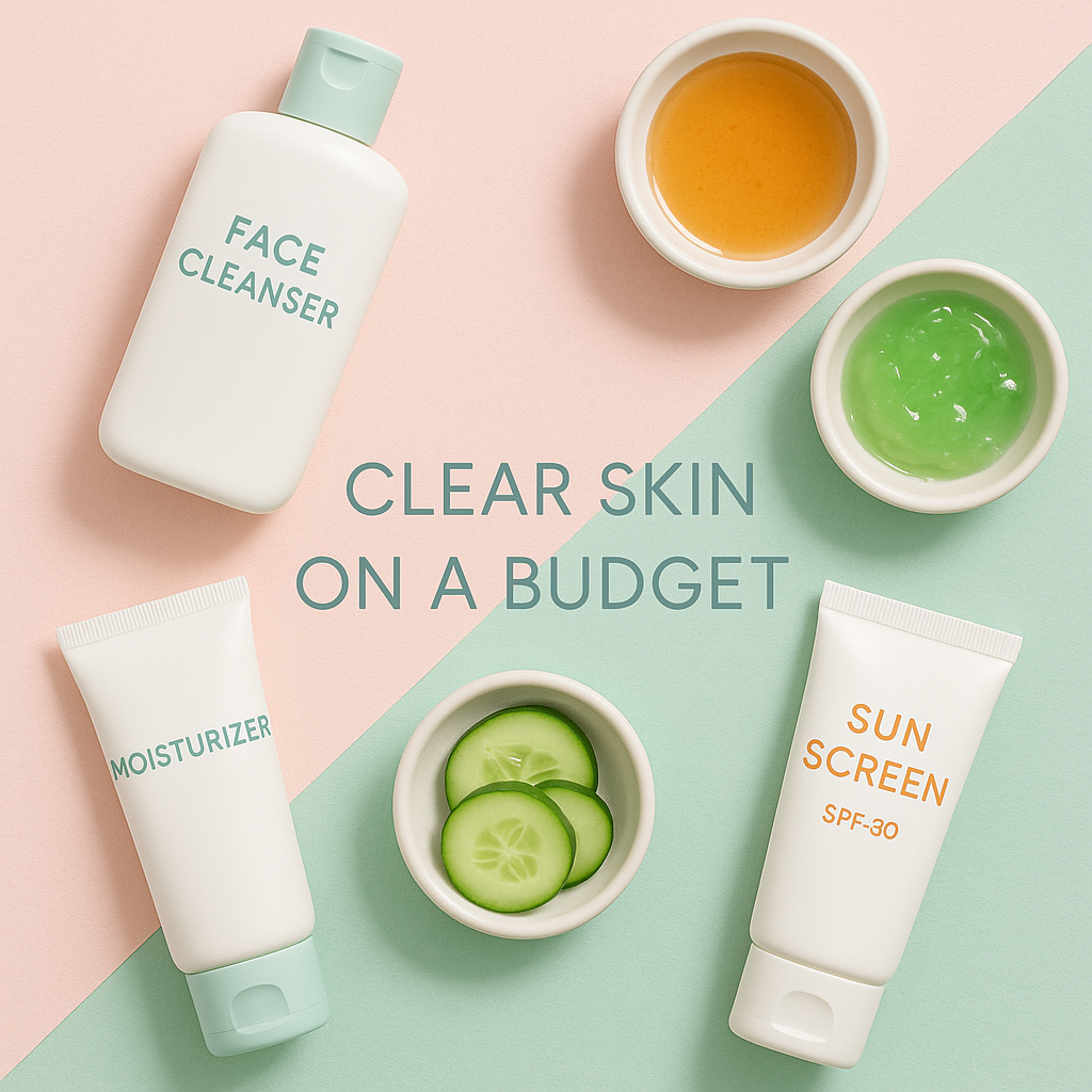 Flat lay of affordable teen skincare products including face cleanser, moisturizer, sunscreen, and natural ingredients like cucumber and aloe vera on a pastel background