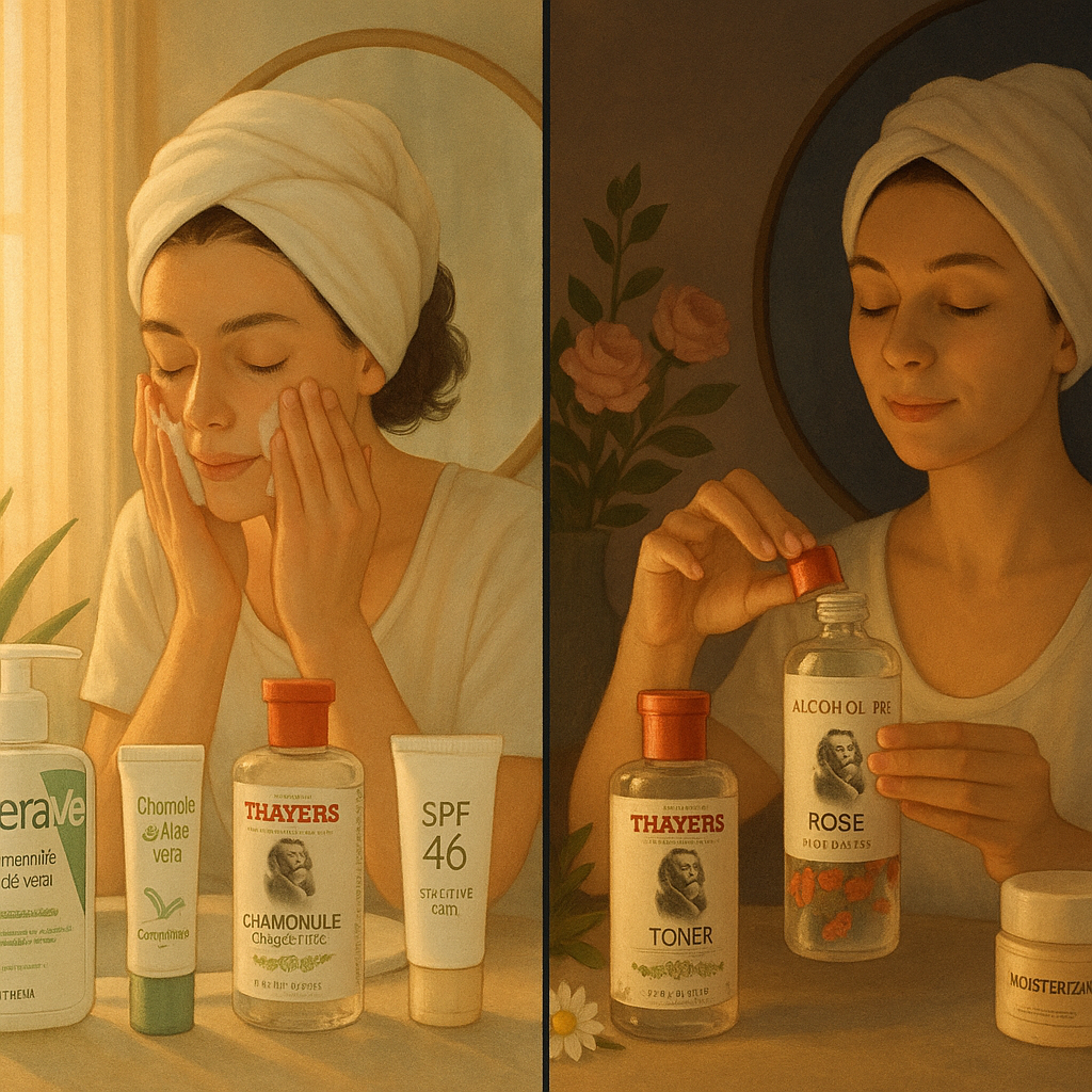 A split-scene illustration showing a gentle morning and evening skincare routine for sensitive skin, featuring a woman using soothing products like chamomile cleanser, rose water toner, lightweight moisturizer, and SPF sunscreen in a cozy bathroom setting