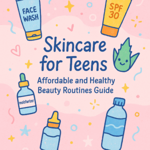 Youthful and colorful cover design featuring the title “Skincare for Teens: Affordable and Healthy Beauty Routines Guide” in playful, handwritten-style typography. Surrounding the title are soft pastel icons of a face wash bottle, moisturizer, sunscreen, aloe vera leaf, and a water bottle on a pink and light blue background
