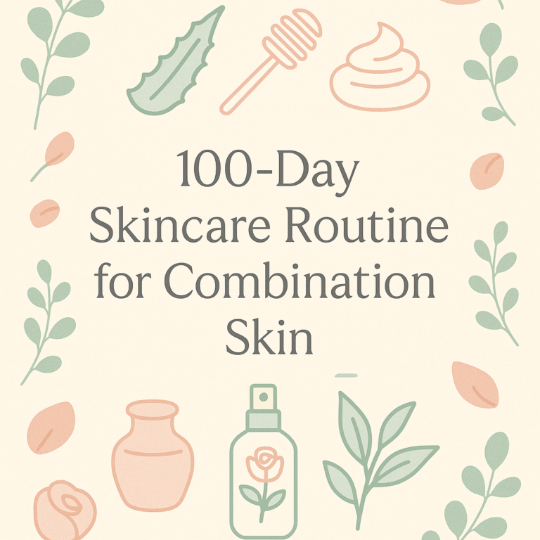 Modern pastel illustration of aloe vera leaves, honey dipper, yogurt swirl, clay jar, rose‑water spray and tea‑leaf sprig, framed by eucalyptus and rose petals, with the title ‘100‑Day Skincare Routine for Combination Skin’ in the center.