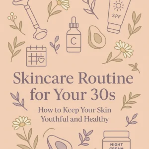 Minimalist blog cover illustration for “Skincare Routine for Your 30s,” featuring skincare icons like jade roller, sunscreen, and botanical elements in soft peach and lavender tones.