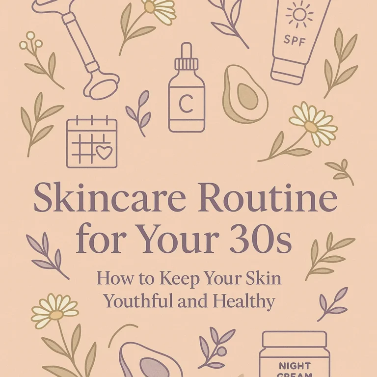 Minimalist blog cover illustration for “Skincare Routine for Your 30s,” featuring skincare icons like jade roller, sunscreen, and botanical elements in soft peach and lavender tones.