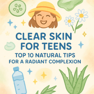 Illustration for teen skincare tips featuring natural ingredients like aloe, cucumber, chamomile, and a clay mask in a bright, pastel style.