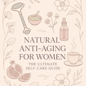Elegant blog cover showing natural anti-aging elements like jade roller, avocado, rosehip oil, and chamomile on a soft rose gold and sage background.