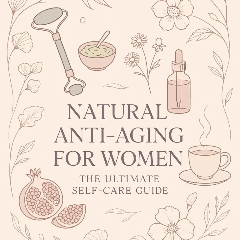 Elegant blog cover showing natural anti-aging elements like jade roller, avocado, rosehip oil, and chamomile on a soft rose gold and sage background.