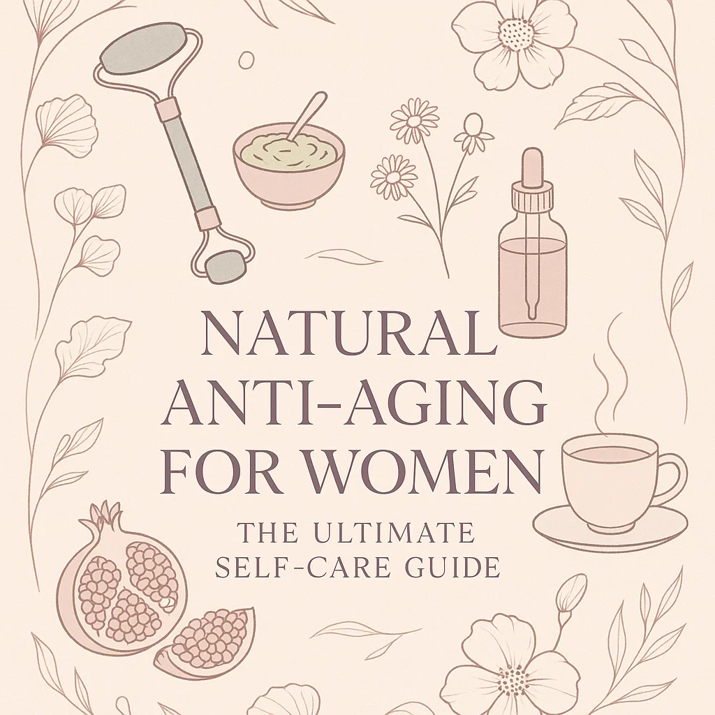Elegant blog cover showing natural anti-aging elements like jade roller, avocado, rosehip oil, and chamomile on a soft rose gold and sage background.