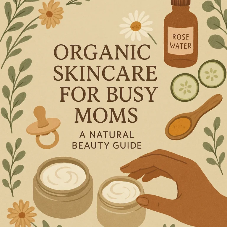 Illustrated flat-lay of organic skincare products for moms, featuring rose water, cucumber slices, turmeric, and botanical accents in earthy tones.