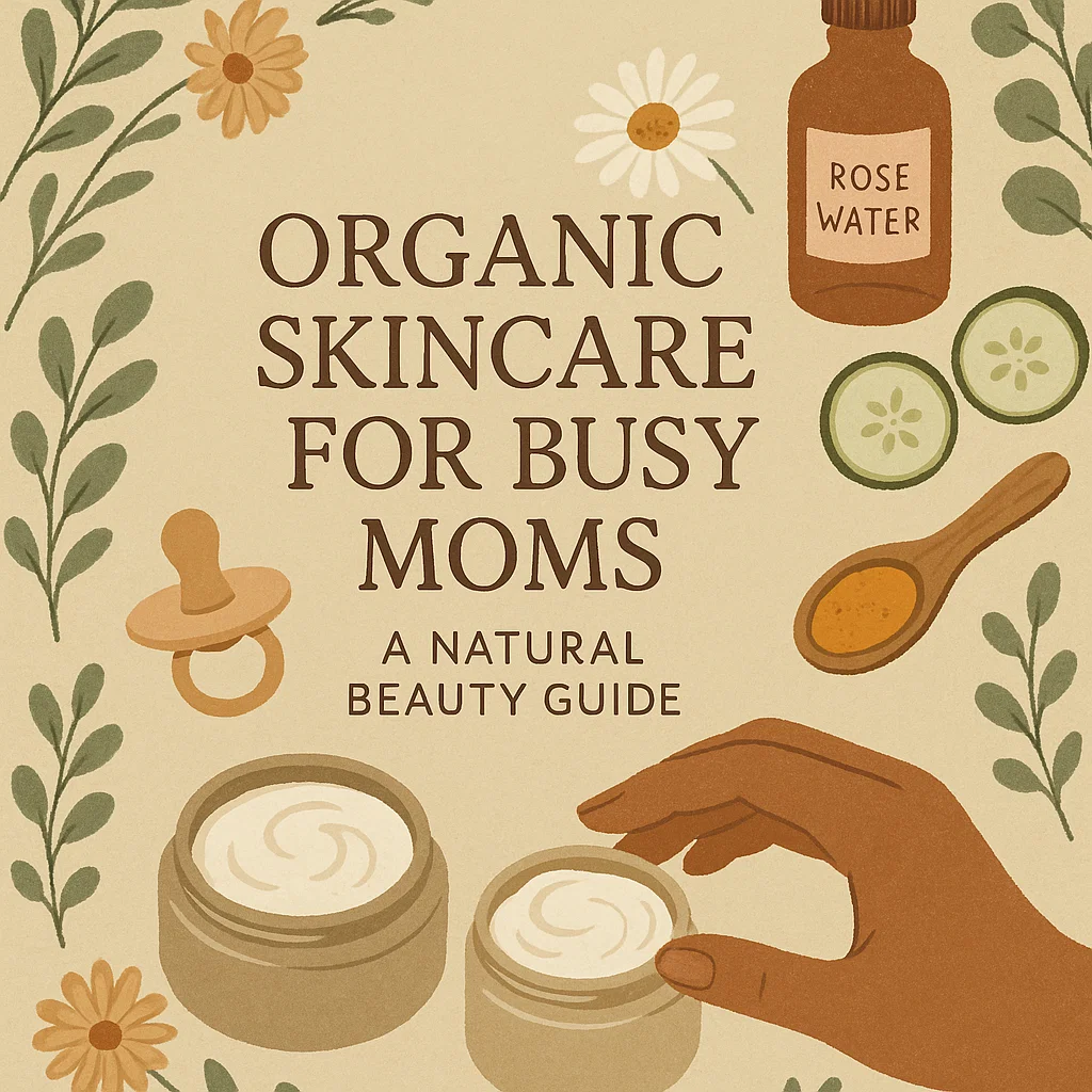Illustrated flat-lay of organic skincare products for moms, featuring rose water, cucumber slices, turmeric, and botanical accents in earthy tones.