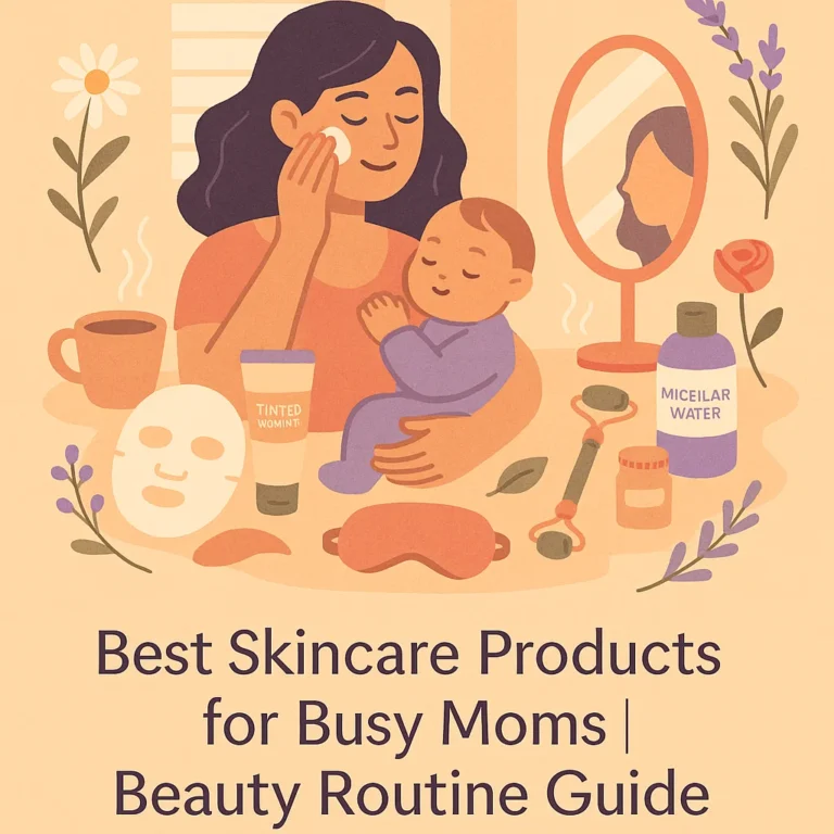 Modern illustration of a multitasking mom using skincare while holding a baby, surrounded by beauty products and soft morning elements.