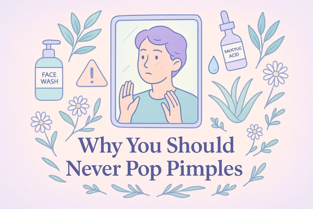 Illustrated showing a person avoiding pimple popping, surrounded by gentle skincare symbols like tea tree, salicylic acid, and aloe, for clear skin