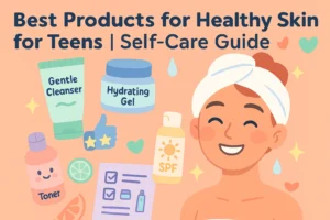 Cheerful illustration of teen skincare products with star ratings, checklist, and smiling teen in soft peach, mint, and blue tones