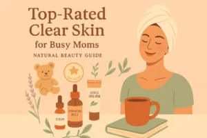 Illustration of a radiant mom with natural skincare products, top-rated icons, and hints of daily mom life in warm peach and terracotta tones