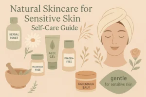Soft illustration of natural skincare items for sensitive skin, with chamomile, aloe, and DIY balm in earthy green and rose tones