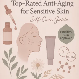 Illustration of anti-aging skincare products for sensitive skin, including serum, cream, natural ingredients, and soft facial outline in pastel rose and green tones