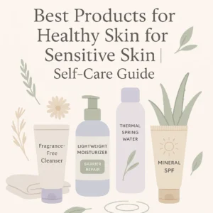 Flat-lay illustration of skincare products safe for sensitive skin, including cleanser, moisturizer, mineral SPF, and aloe in soft green and lavender hues