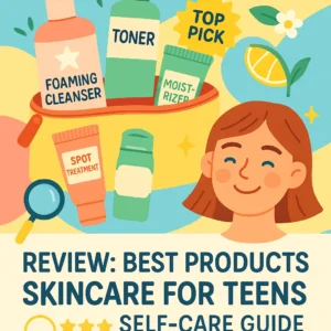 Illustrated skincare pouch with best teen-friendly products, review stars, and cheerful teen face on pastel background in fresh vibrant colors