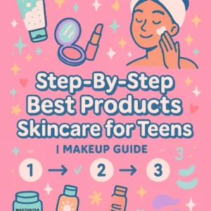Colorful skincare and makeup flat-lay with teen girl applying cream, checklist icons, and gentle product illustrations in pink, mint, and aqua tones