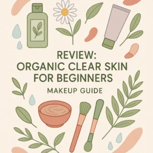 Minimalist botanical flat-lay featuring organic skincare and makeup items like clay mask, toner, tea tree branch, and makeup brush with soft natural colors