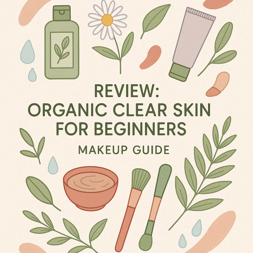 Minimalist botanical flat-lay featuring organic skincare and makeup items like clay mask, toner, tea tree branch, and makeup brush with soft natural colors