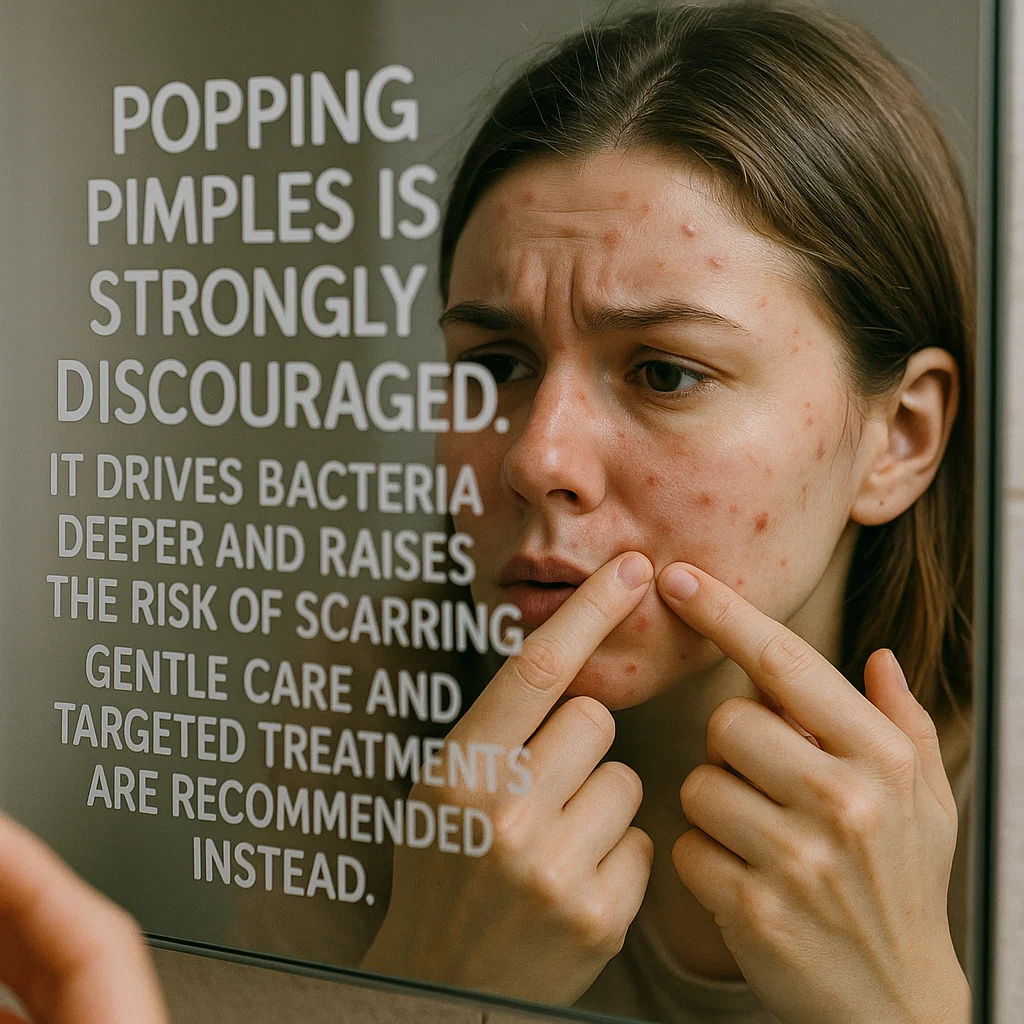 Popping pimples (shown above) is strongly discouraged. It drives bacteria deeper and raises the risk of scarring. Gentle care and targeted treatments are recommended instead.